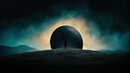 Wall Mural - a man stands atop a hill during midnight, gazing upon a colossal moon in the backdrop