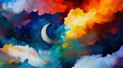 Wall Mural - a crescent moon paints a cloudy sky, surrounded by multicolored clouds and sparkling stars