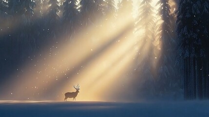 Wall Mural - a deer standing in a snow-covered forest, illuminated by light shining from its antlers