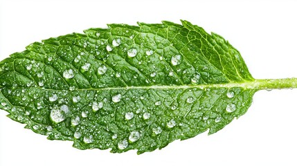 Wall Mural -   A close-up of a green leaf with droplets of water on it against a white background, showcasing a reflection