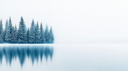 Wall Mural -   A cluster of trees perched on a lake's edge, beside a frosty woodland on a misty morning