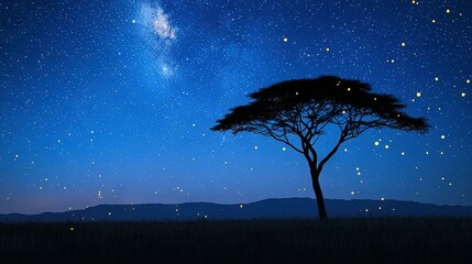 Wall Mural - a tree stands alone in a field under a starlit sky, its branches reaching towards the radiant celest