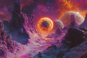 Wall Mural - in a galaxy far beyond the milky way, planets orbit a massive, colorful black hole the inhabitants b