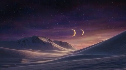 Wall Mural - the image depicts two crescent moons in the night sky above a snow-capped mountain range, along with