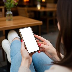 woman using smartphone with blank screen at outdoor cafe