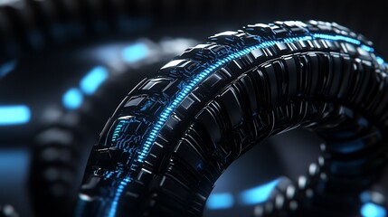 Wall Mural - futuristic black tech rings glowing blue, dark background, data visualization