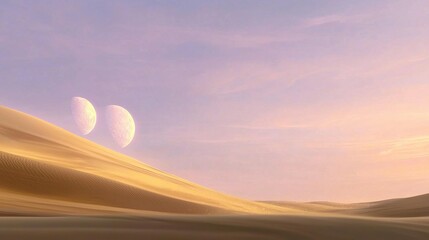 Wall Mural -  A desert landscape with sand dunes, two moon-like objects in the sky, and a pink and blue sky in the background