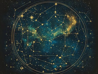 Wall Mural - Elegant constellation illustration with all 12 signs of the zodiac intricately depicted on a dark starry background, perfect for astrological themes 