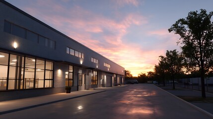 Poster - Modern industrial building at sunset with vibrant sky and clear reflections on wet pavement : Generative AI