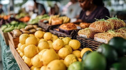 Poster - Vibrant display of fresh lemons and assorted bakery items at a colorful farmers market : Generative AI