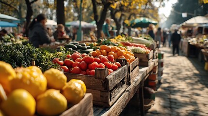 Poster - Vibrant market scene filled with fresh vegetables and fruits displayed in wooden crates under sunlight : Generative AI