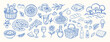 © MariiaMart - A blue and white drawing of food and drink items. Dolce vita. The drawing is of a picnic italian summer scene with a basket of food and drinks