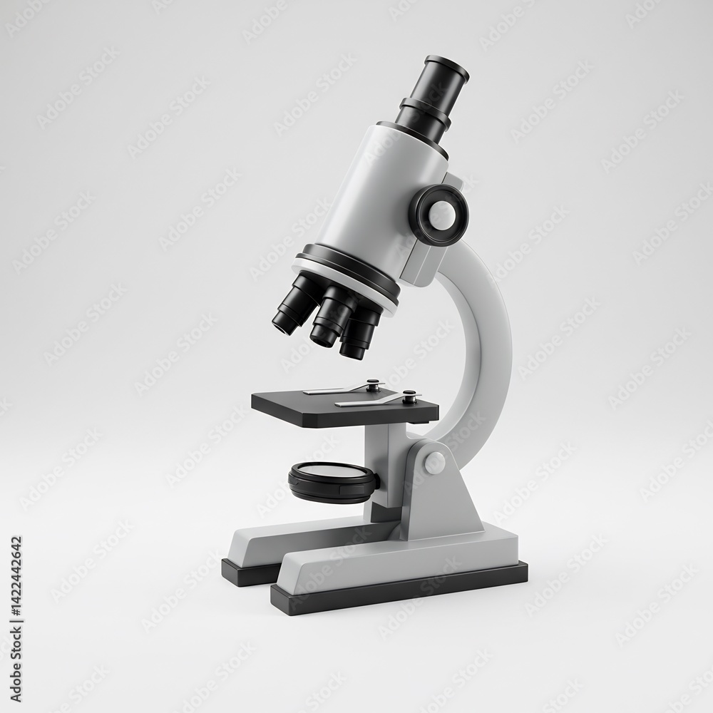 Modern stylized 3D render of a microscope. Essential equipment for science, research, laboratory work, biology, chemistry, and education. Isolated on a white background.