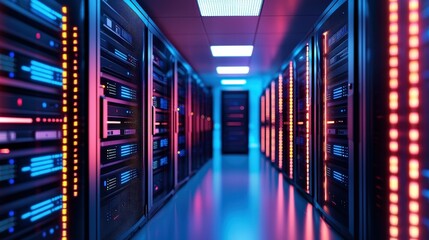 a vibrant data center corridor filled with illuminated server racks, showcasing advanced technology 