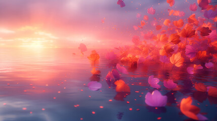 Wall Mural - Sunset with Falling Leaves Pink/Orange Water Scene, Romantic Nature Art.