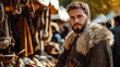 © Honey - A handsome medieval man in fur trimmed coat at market day old fair look brown style model image scene