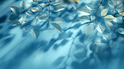 Wall Mural - Teal Leaves Branch Minimalist Nature Background with Serene Shadow Design.