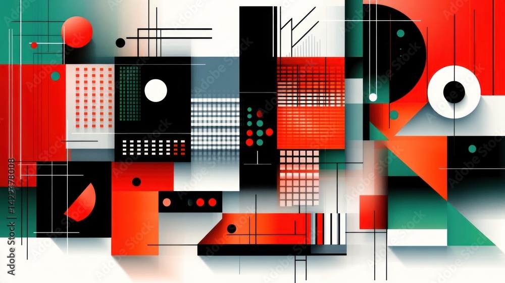 Dynamic Geometric Composition with Bold Colors and Precise Lines, Abstract Art