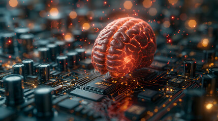 Wall Mural - Glowing AI Brain Red Neural Network, Digital Futuristic Technology Background.