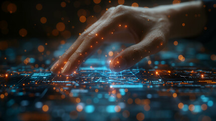 Wall Mural - Futuristic Interface Hand Interacting with Digital Network, Cyber Space Design.