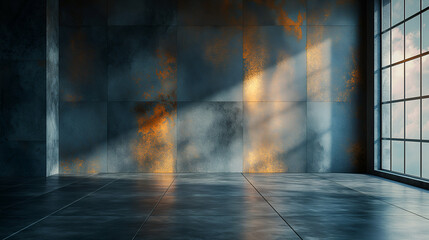 Wall Mural - dark blue & orange loft modern industrial design with sunlit concrete space.