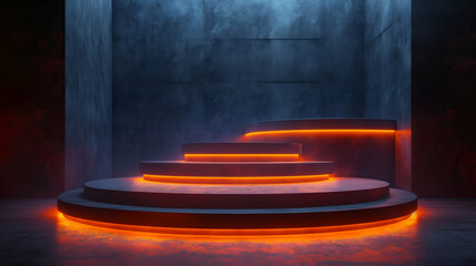 Wall Mural - Concrete Stage with Neon Lights Futuristic Minimalist Product Display Setting.