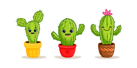 Wall Mural - Set of cute cartoon cactus with eyes on the white background. Cactus in flat style for magazine, cards, games, books. Funny cacti. 