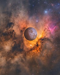 Wall Mural - Celestial sphere encompassing a moon, embedded in vibrant cosmic nebula.
