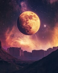 Wall Mural - A vibrant, otherworldly landscape, featuring a large, orange moon.