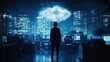 © M - Silhouetted figure contemplates cloud computing in a modern office.