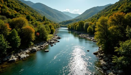 Wall Mural - Serene River Flows Gracefully Through Lush Green Mountain Valley
