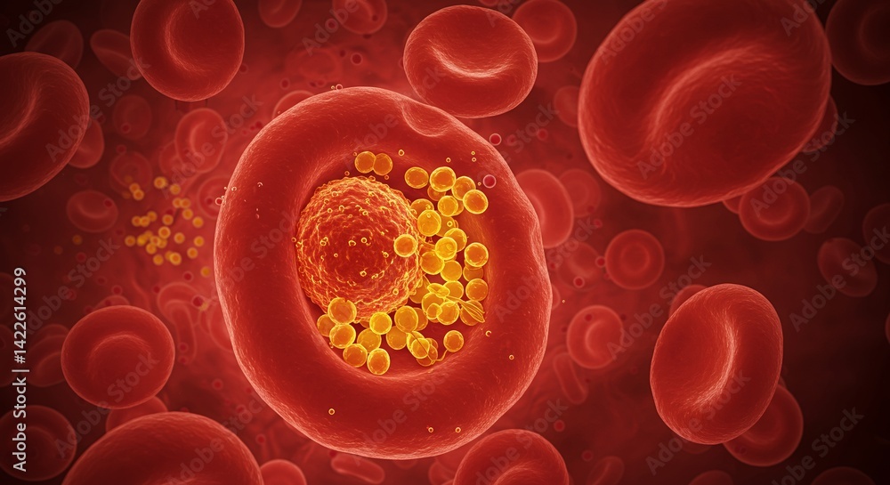 Red Infectious Cell Microscopic View Of Malaria Parasite Infecting Red Blood Cell In Gold ...