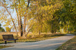 © MarekPhotoDesign.com - bench and recreational biking trail in Boyd Lake State Park near Loveland, Colorado, fall scenery