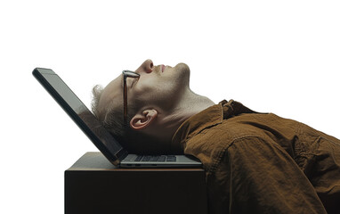 Frustrated person with laptop, white isolate background