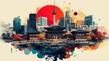 Seoul cityscape featuring traditional buildings modern architecture and colorful accents