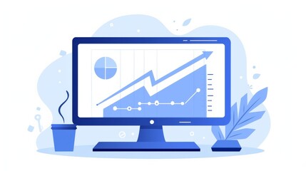 Wall Mural - computer screen with upward arrow in blue and grey, symbolizing business growth and progress in digi