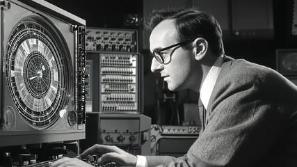 Vintage Computer Programmer Working Diligently on Complicated Early Systems in Monochrome
