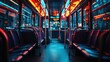 © rak - Inside view of a modern city bus interior showcasing vibrant neon lighting and empty seats reflecting urban night through the windows