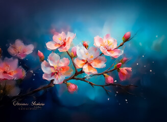 Poster - A branch of delicate pink blossoms with closed buds against a dark blue backdrop evokes a sense of springtime freshness and gentle beauty in a painterly style.