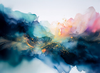 Aufkleber - Hints: Watercolor style with a flowing, ethereal quality; uses cool and warm colors to create contrast.

Abstract watercolor artwork depicts flowing shapes and ethereal light. Cool blues and warm pink