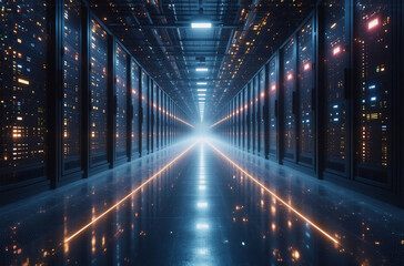 Aufkleber - A futuristic, symmetrical data center hallway glows with colorful lights. Servers line the walls, disappearing into a distant, bright portal. The smooth floor reflects the illuminated environment, cre