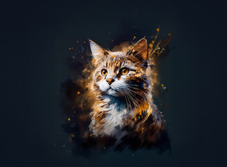 Fototapete - A watercolor style painting of a cat with orange and brown fur is depicted against a dark and contrasting background.