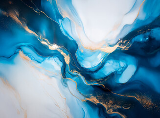 Poster - Hints: Abstract, fluid, color.

Abstract fluid art piece features color, showcasing swirling blues, white hues, and golden accents. The artwork evokes motion and depth.