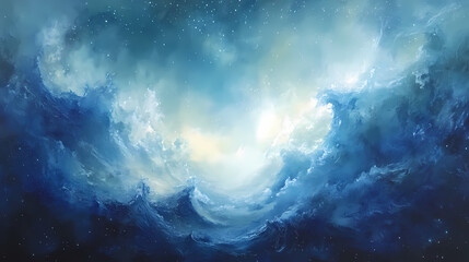 Wall Mural - A breathtaking space phenomenon, billowing cosmic mist merging with celestial light, subtle interplays of blue. celestial mist. illustration. Starlight Surge. Illustration