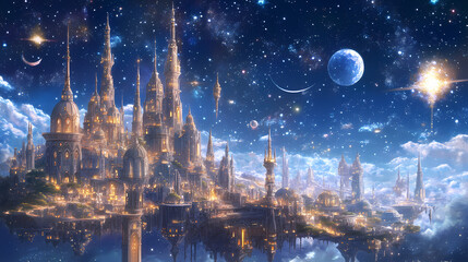 Wall Mural - Mystical city in space: a fantastical cityscape floats among the stars, with towering spires and celestial bodies. it's a visual symphony of cosmic wonder. Celestial Spire. Illustration