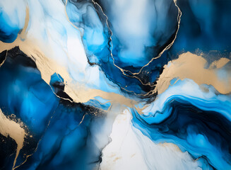 Poster - Abstract image. Hints of fluid, vibrant blues intertwine with gold accents, creating a dynamic and elegant composition. The interplay of colors and textures evokes a sense of depth.