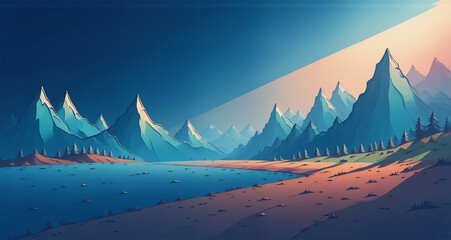 Poster - Serene landscape featuring a tranquil lake nestled between majestic, stylized mountains.  A warm sunrise casts a soft glow on the scene.