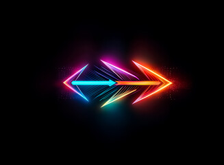 Fototapete - Glowing, symmetrical design of dual-directional arrows in vivid colors. Neon elements set against a black background, creating an abstract, modern, vibrant piece with light effects.