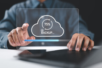 Fototapete - Backup concept, Businessman hand touching backup icon on virtual screen. Online digital data storage and connection service.