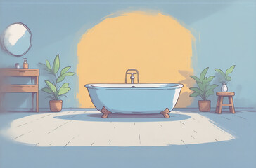 Poster - A serene cartoon bathroom avatar features a clawfoot tub, potted plants, and soft, pastel colors. Sunlight streams in, creating a calming atmosphere.